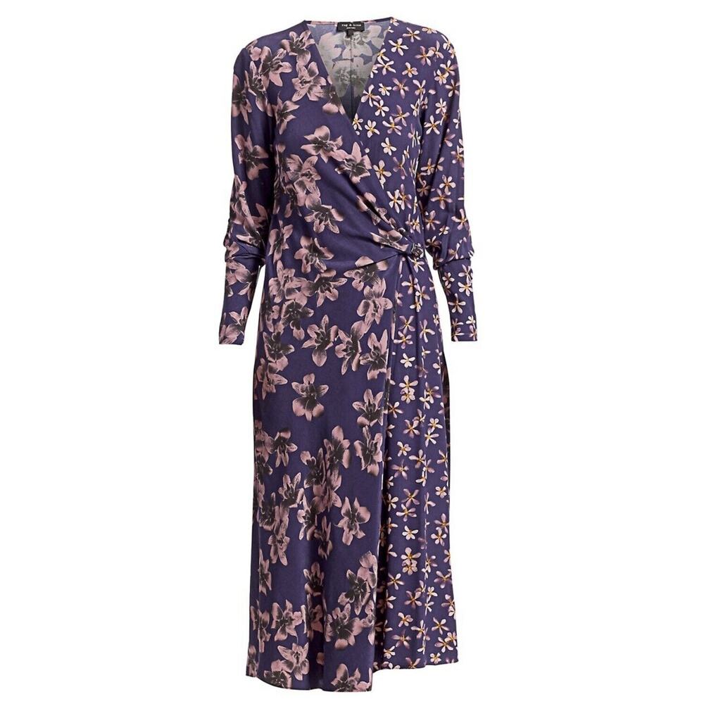 Rag & Bone Odette V-Neck Zip Long Sleeves Purple Floral Faux Wrap Dress Sz 6